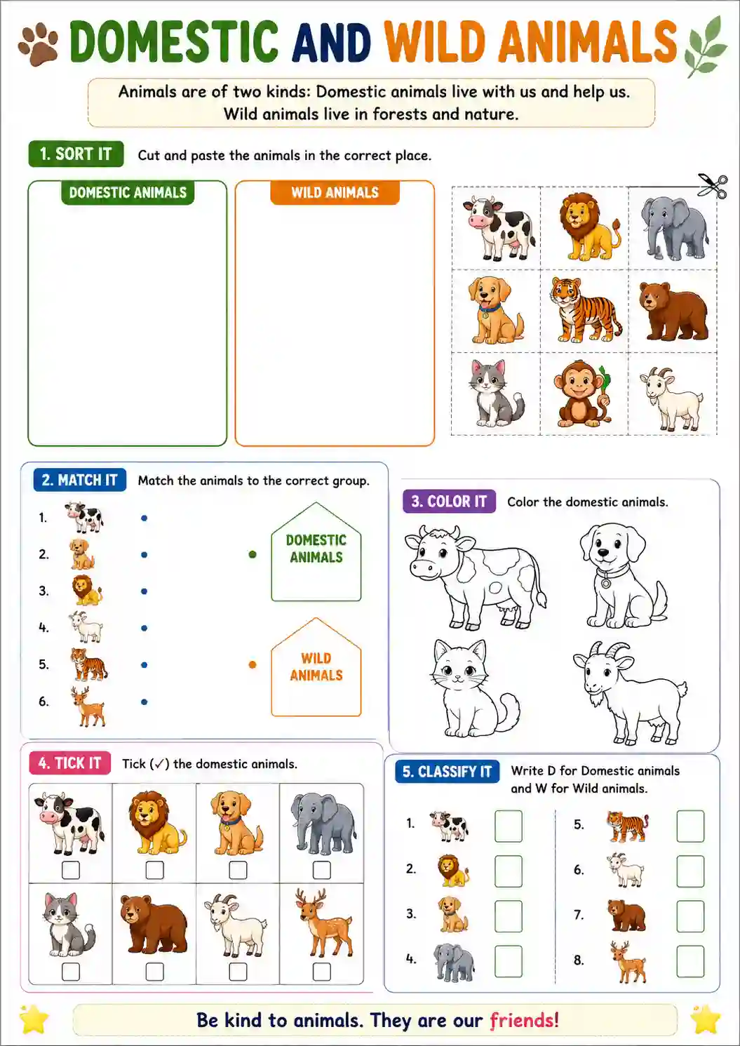 Class 2nd English Animals Coloring Cutting Worksheet Preview